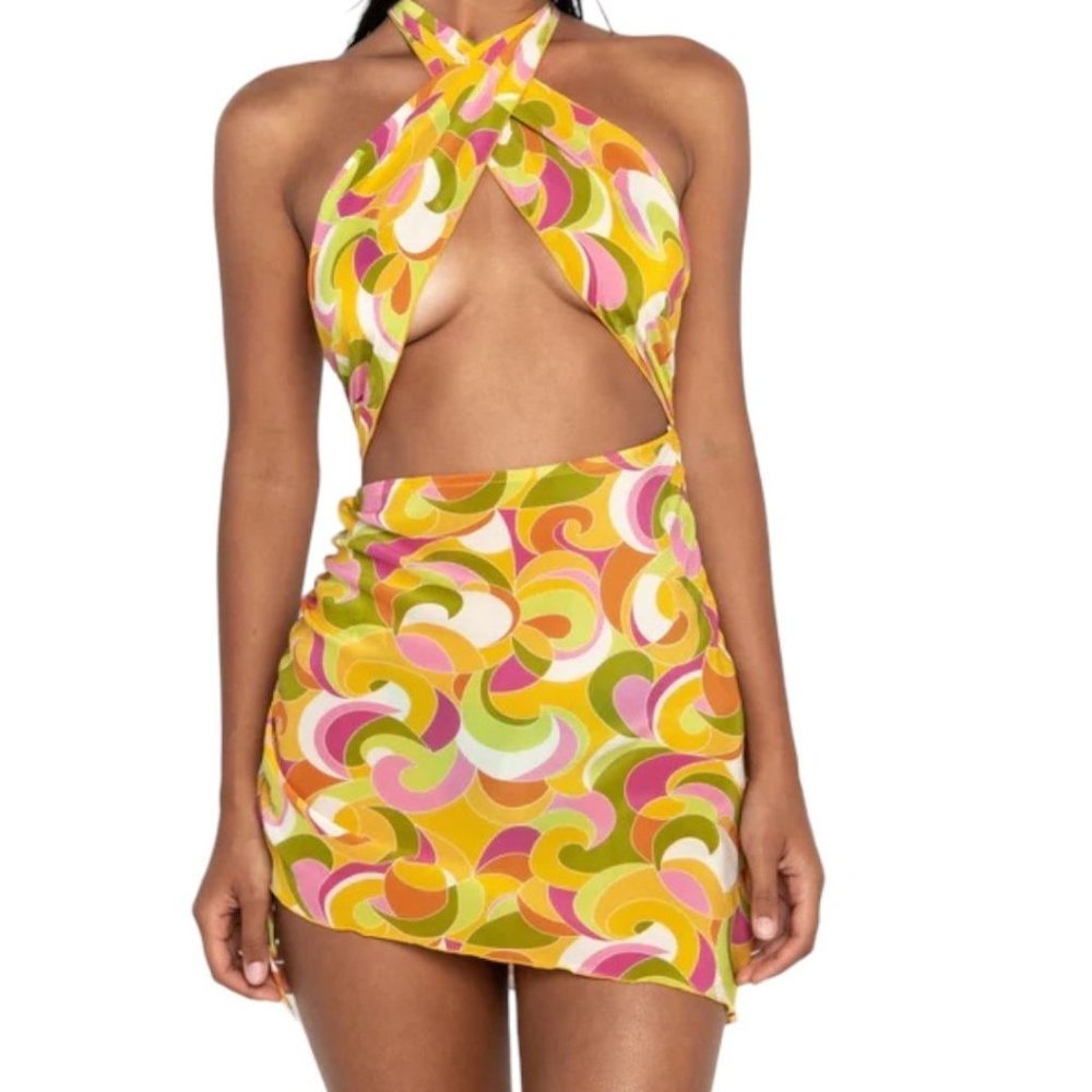 SOMMER SWIM CAMILLE ALLEGRIA Silk Mod Retro 70s HALTER CoverUp Dress Size S NWOT